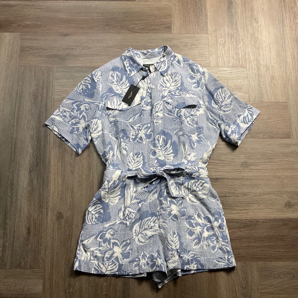 NWT Rag & Bone Blue Multi‎ Surplus Cotton Silk Floral Romper Womens 6 Blue White